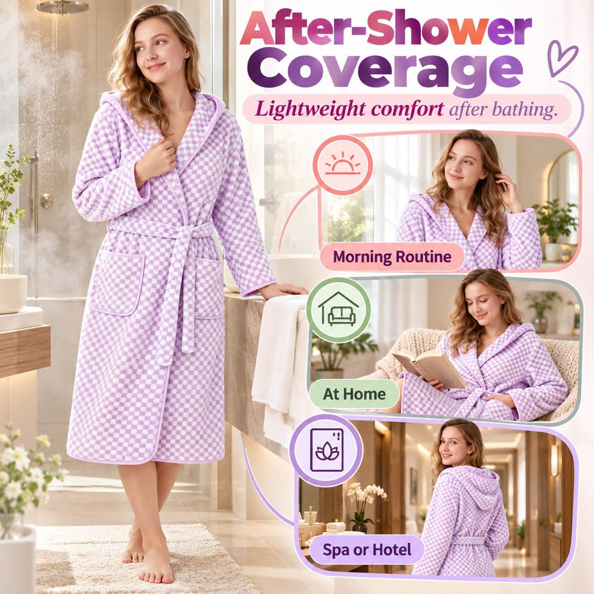 PJGGZ Checkered Hooded Bathrobe for Women, Lightweight Microfiber Towel Material Quick Dry Soft Absorbent Y2K Trendy Robe