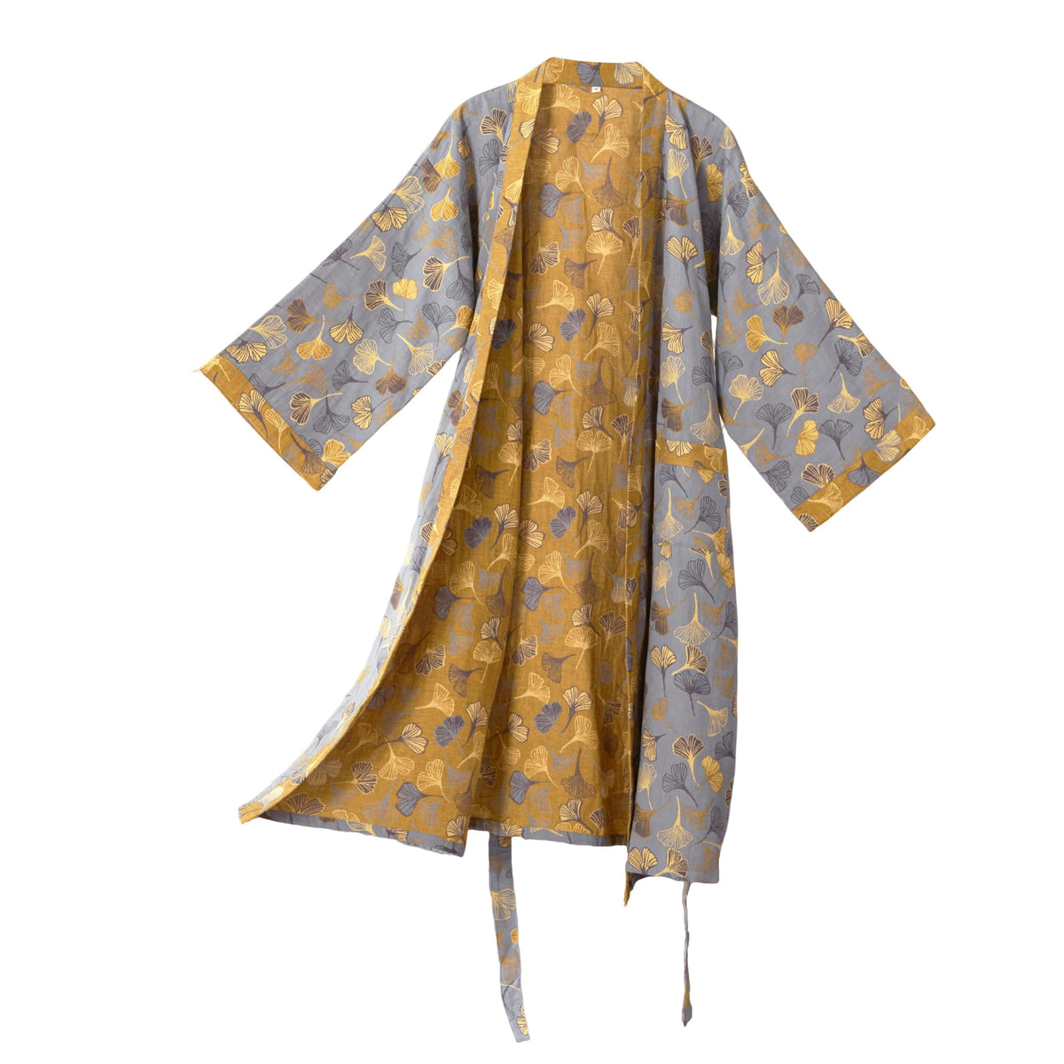 100% Cotton Gauze Ginkgo Leaf Kimono Robe, Long Knit Loose Loungewear Bathrobe Nightgown Ladies Sleepwear for Women
