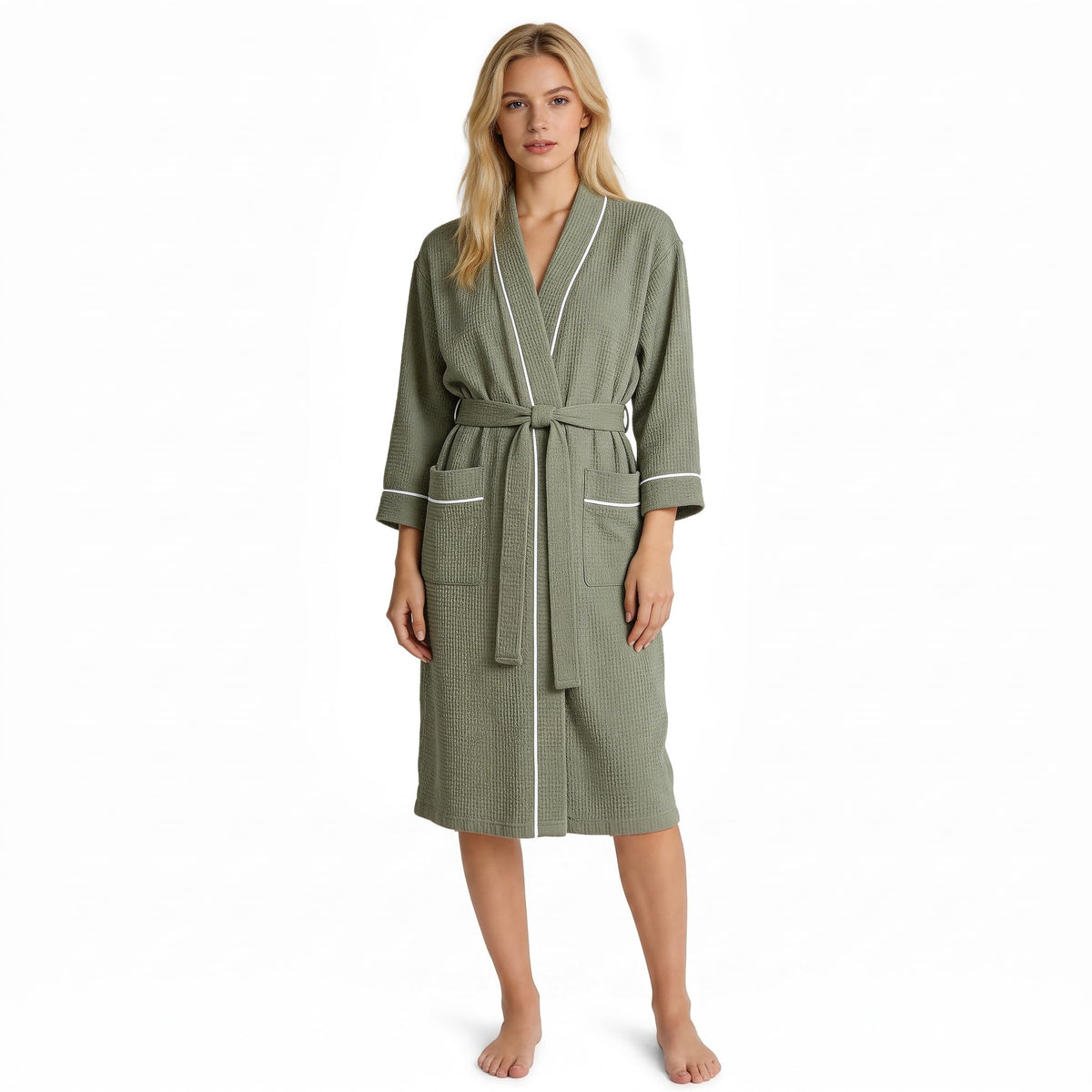 Inner Wish Women's Cotton Waffle Kimono Robe, Lightweight Quick Dry Spa Shower Robe with Pockets