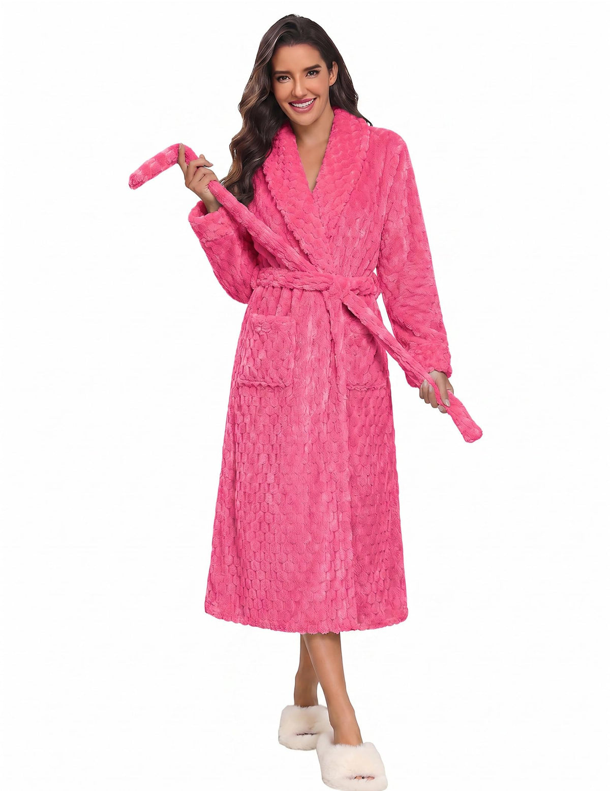 Ekouaer Women's Robe Long Winter Plush Jacquard Bathrobe with Pockets S-XXL