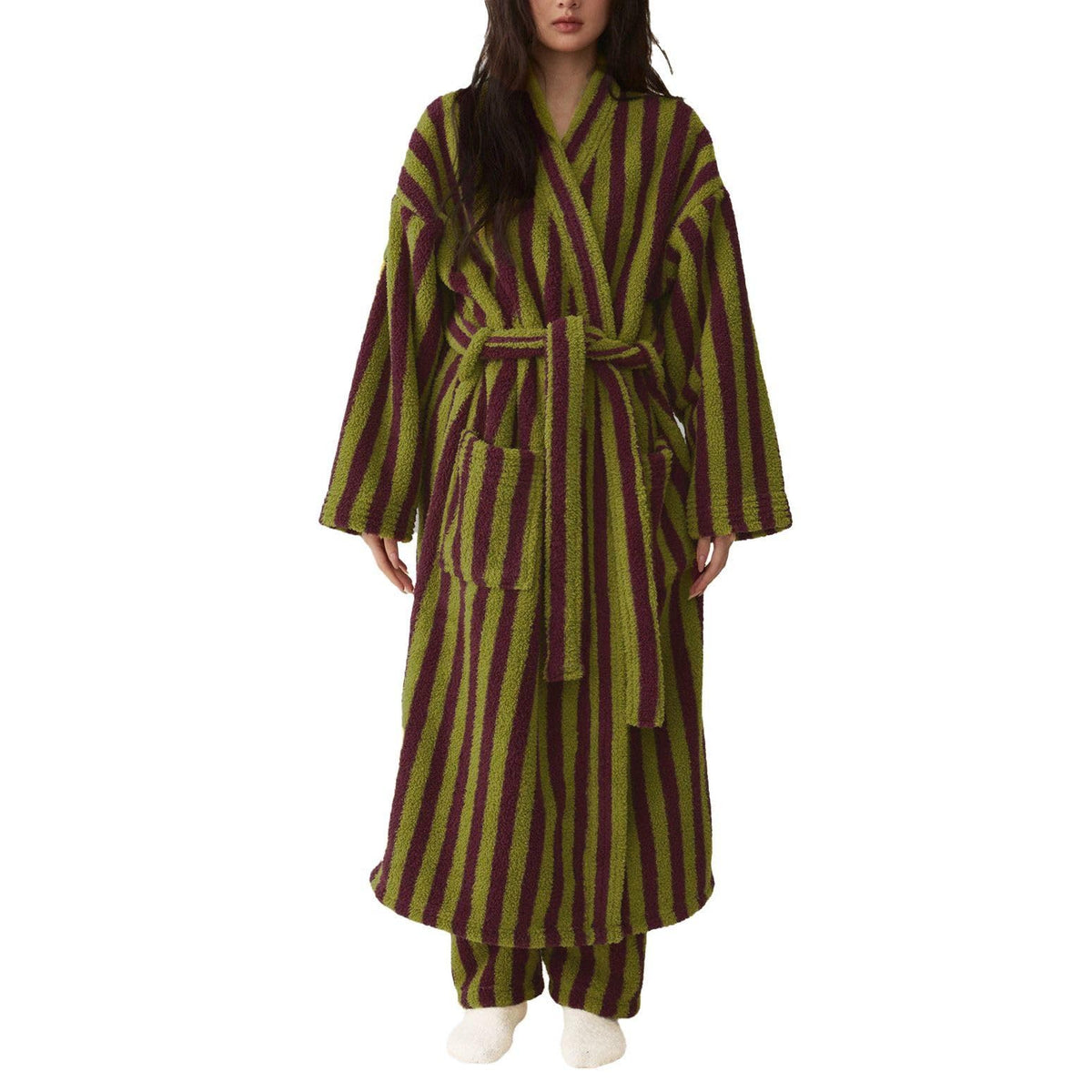 Women's Fuzzy Fleece Long Robe Striped Plush Kimono Warm Thick Fluffy Oversized V Neck Loungewear Maxi Bathrobe