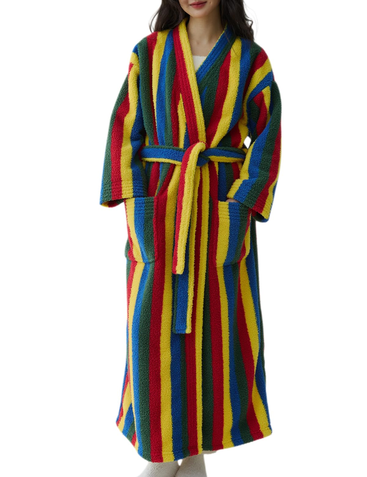 Women's Striped Plush Robe Long Soft Fluffy Bathrobe