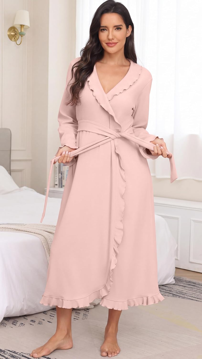 PrinStory Womens Robe Fleece Ruffle Warm Long Bathrobe