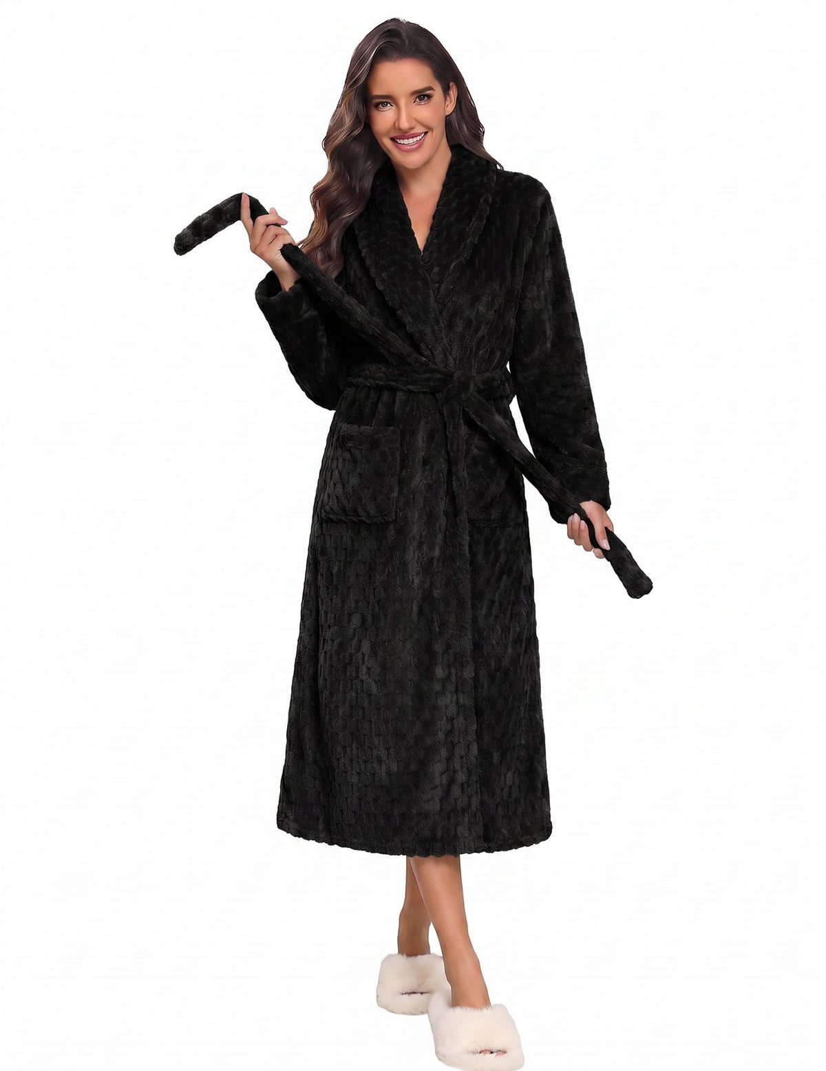 Ekouaer Women's Robe Long Winter Plush Jacquard Bathrobe with Pockets S-XXL
