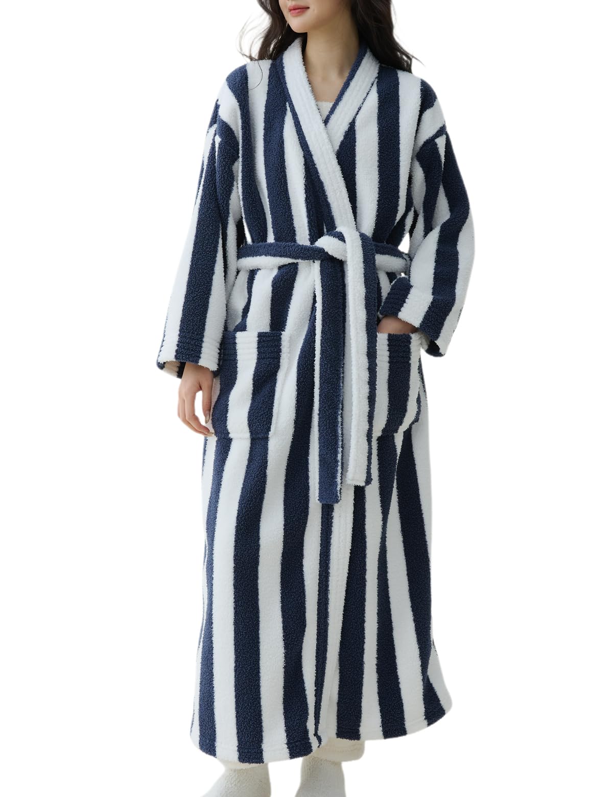 Women's Striped Plush Robe Long Soft Fluffy Bathrobe