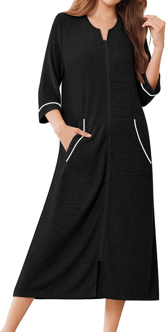 Ekouaer Zipper Robes for Women 3/4 Sleeve Bathrobe Lightweight House Coats