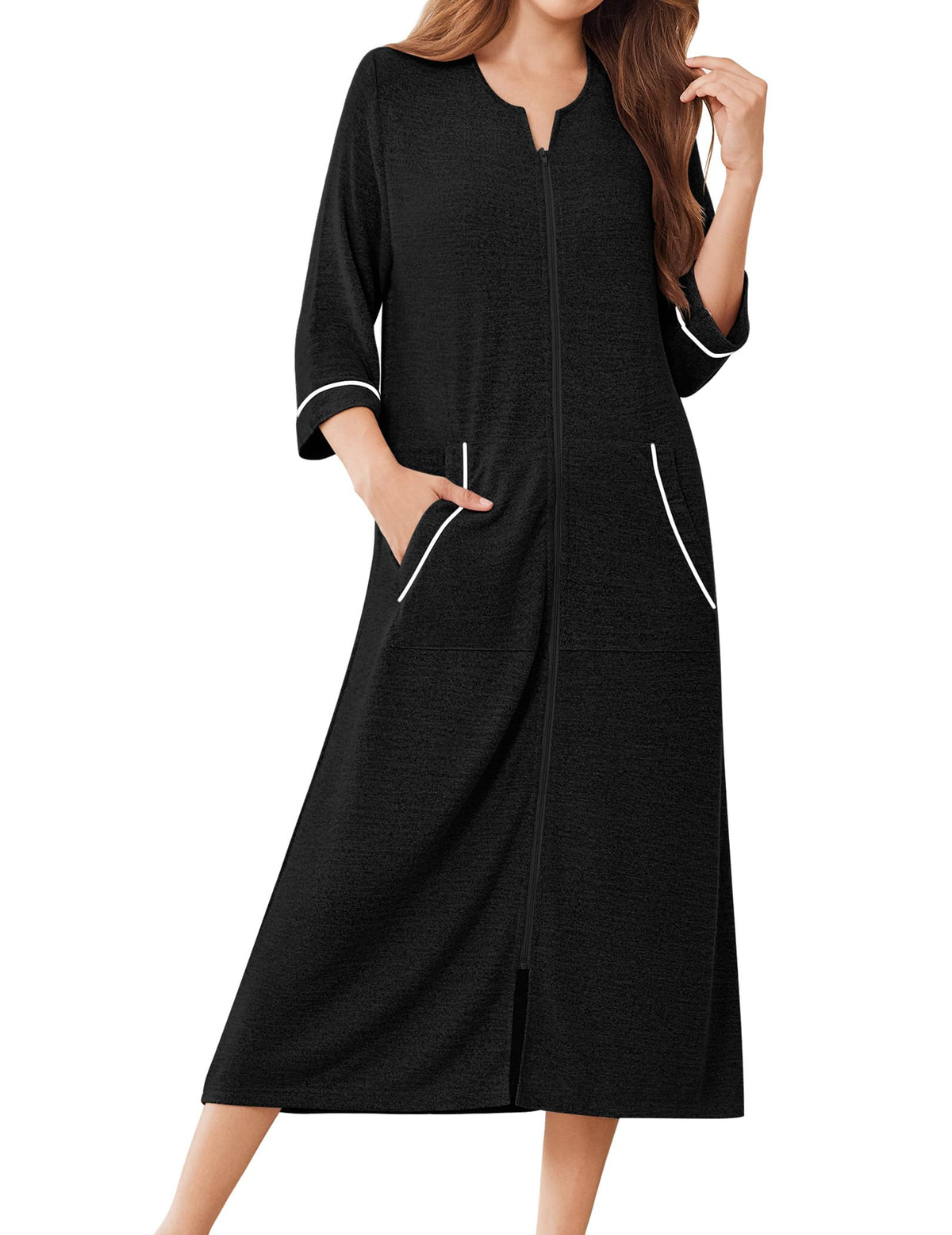 Ekouaer Zipper Robes for Women 3/4 Sleeve Bathrobe Lightweight House Coats