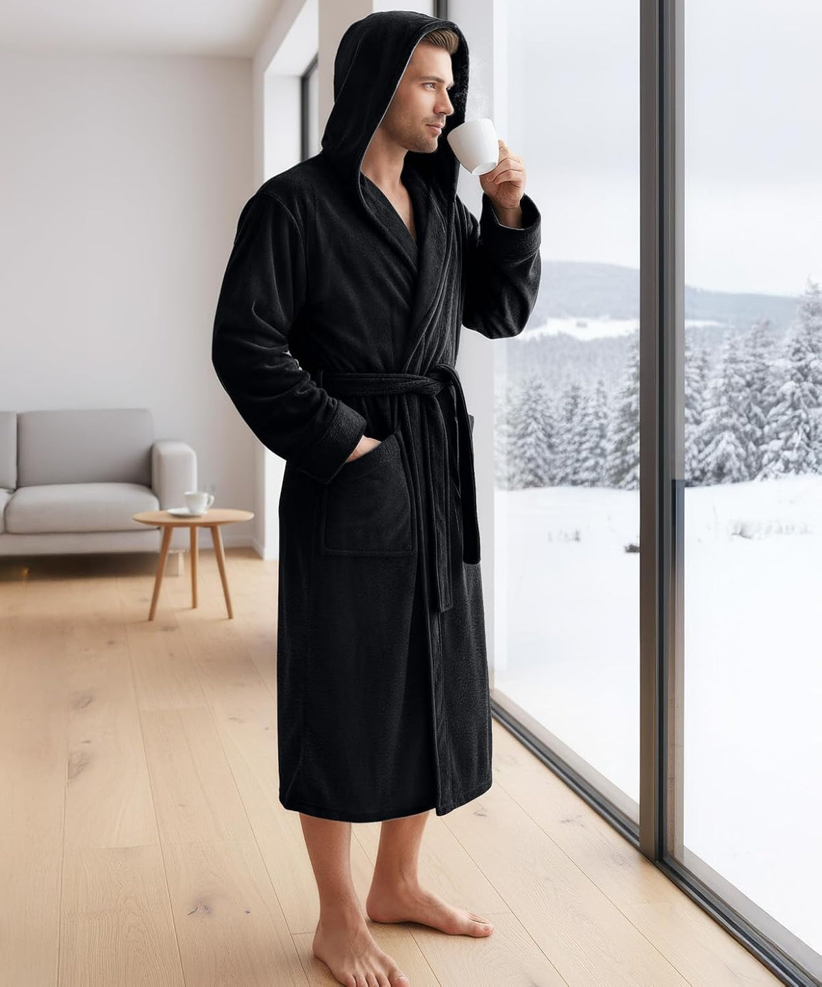Luxury Ultra Soft Mens Robe with Hood Plush Fleece Long Bathrobe