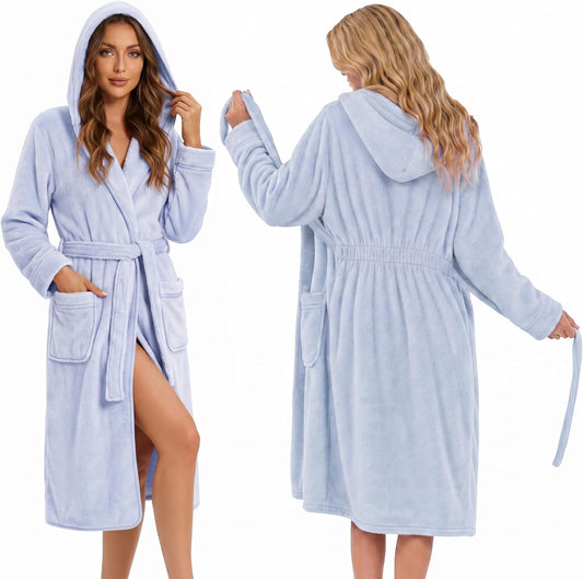 HEARTNICE Womens Hooded Fluffy Robe, Soft Long Bathrobe with Cinched Waist, Cozy Housecoat with Pockets