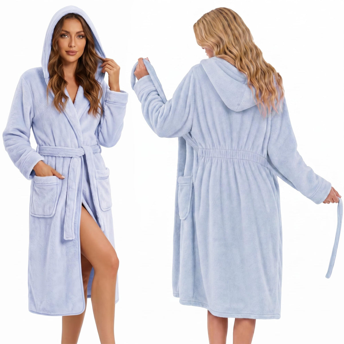 HEARTNICE Womens Hooded Fluffy Robe, Soft Long Bathrobe with Cinched Waist, Cozy Housecoat with Pockets