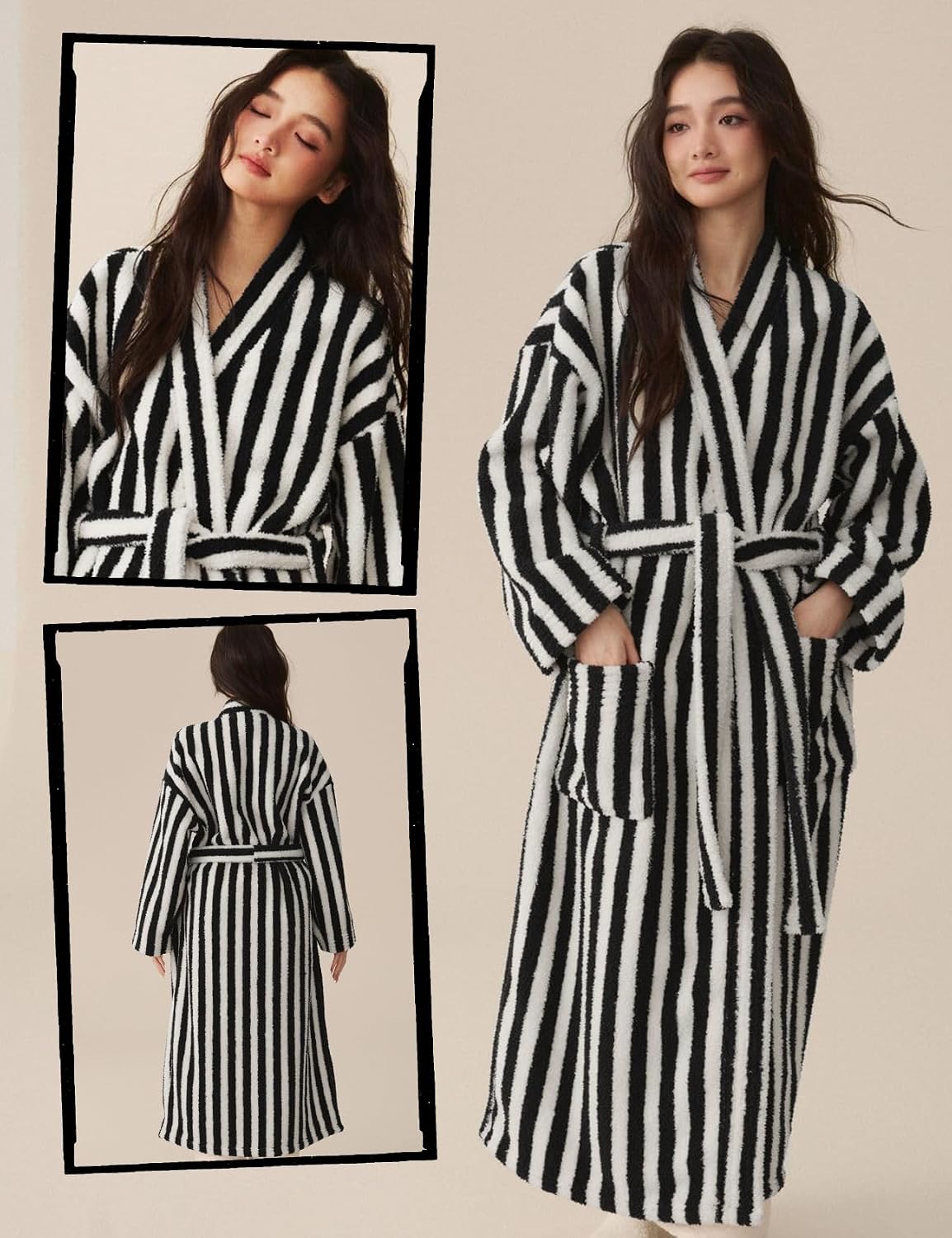 Arssm Womens Striped Fluffy Robe Long Plush Fuzzy Warm Bathrobes