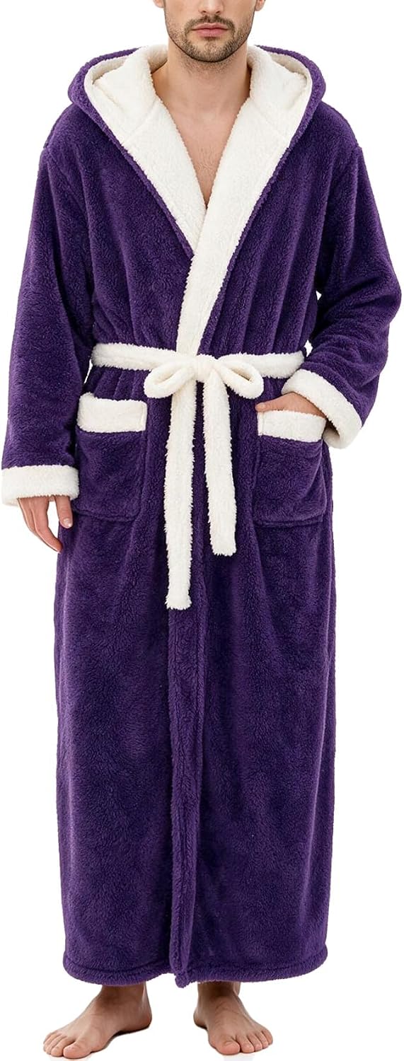 Flygo Mens Plush Hooded Robe Soft Fleece Full Length Bathrobe