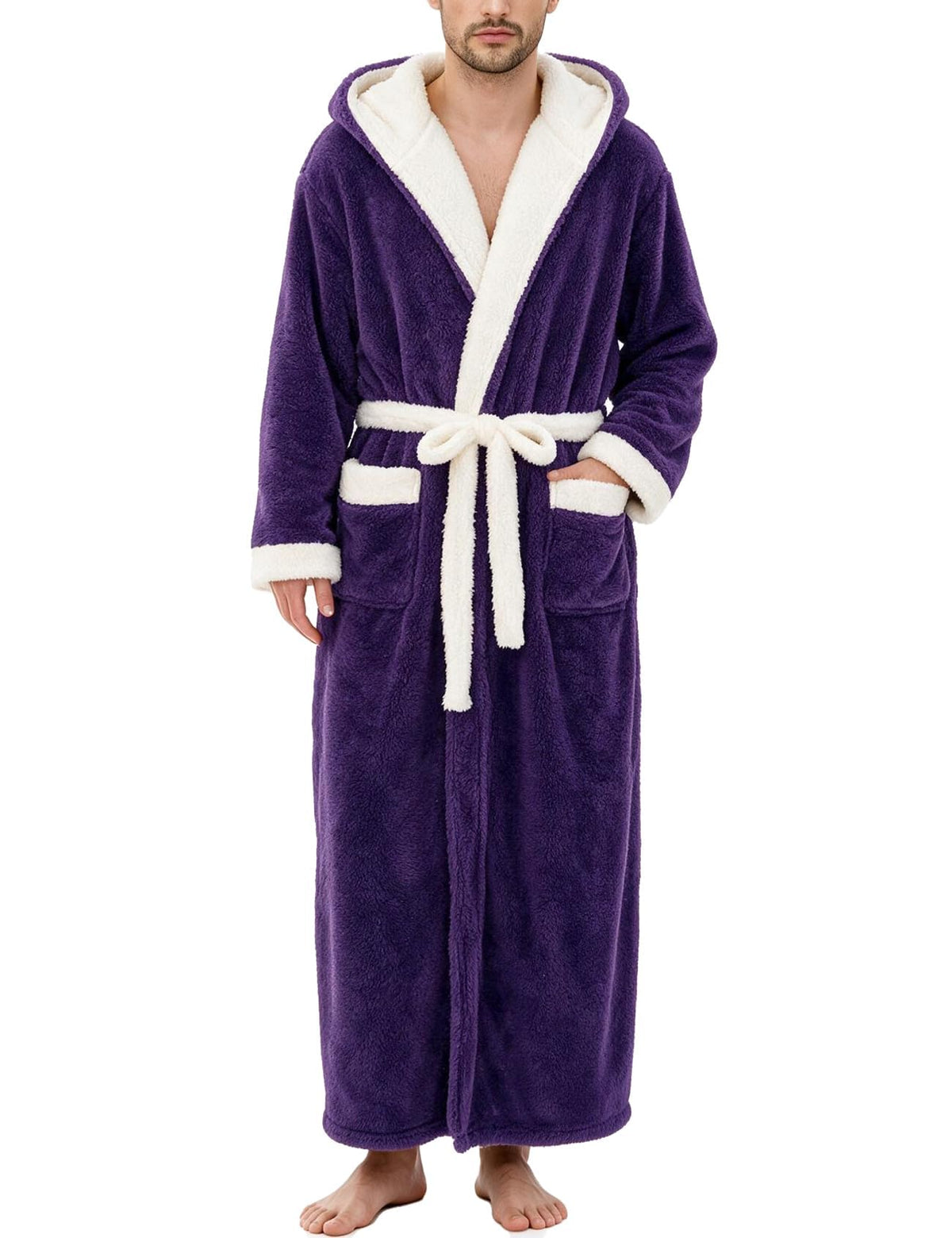 Flygo Mens Plush Hooded Robe Soft Fleece Full Length Bathrobe