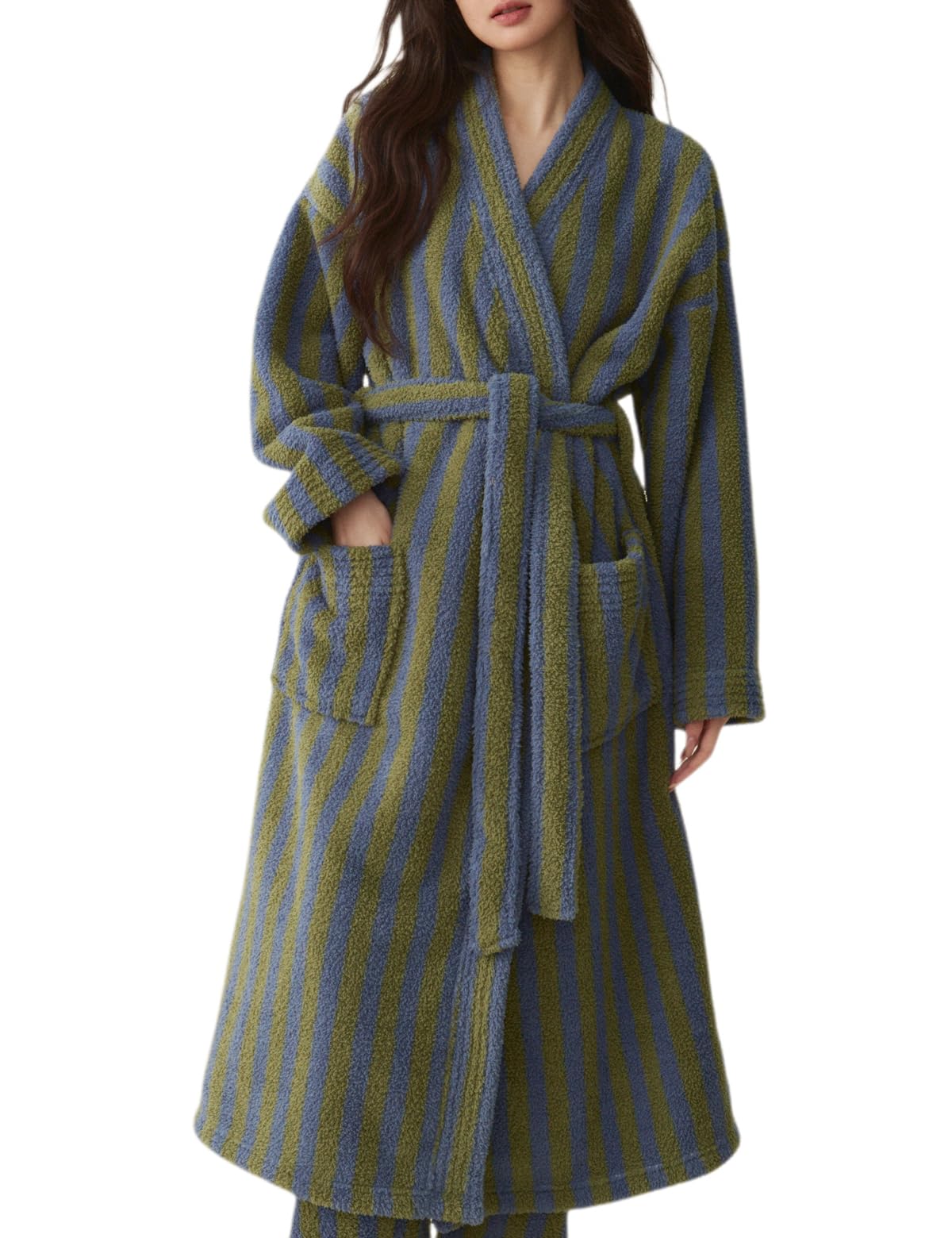 Women's Striped Plush Robe Long Soft Fluffy Bathrobe