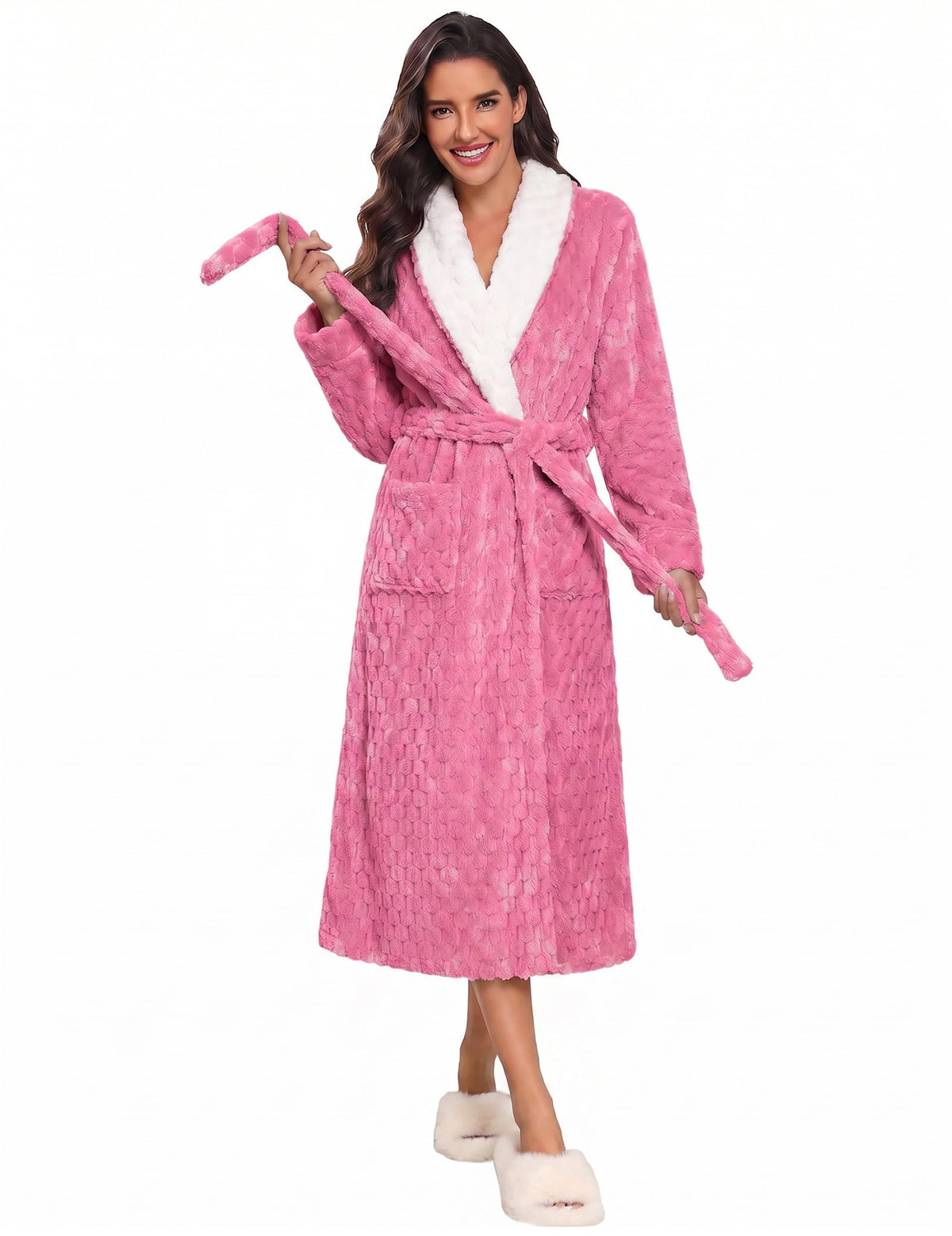 Ekouaer Women's Robe Long Winter Plush Jacquard Bathrobe with Pockets S-XXL