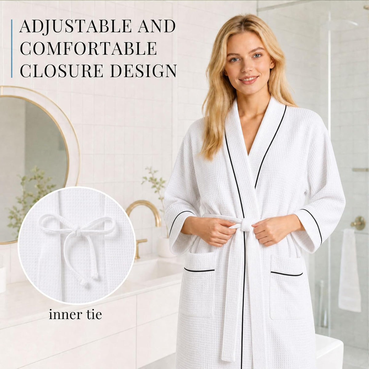 Inner Wish Women's Cotton Waffle Kimono Robe, Lightweight Quick Dry Spa Shower Robe with Pockets