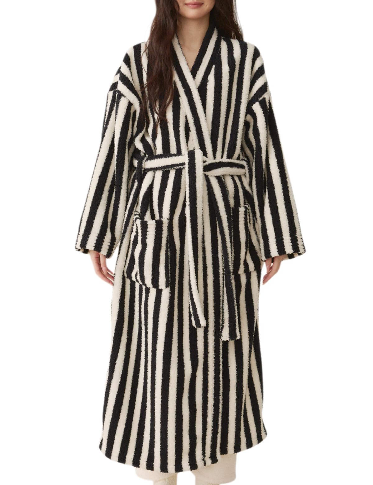 Women's Striped Plush Robe Long Soft Fluffy Bathrobe