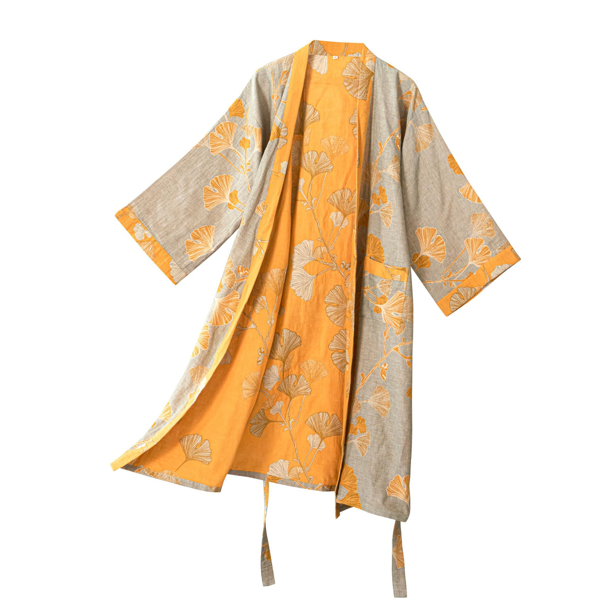 100% Cotton Gauze Ginkgo Leaf Kimono Robe, Long Knit Loose Loungewear Bathrobe Nightgown Ladies Sleepwear for Women