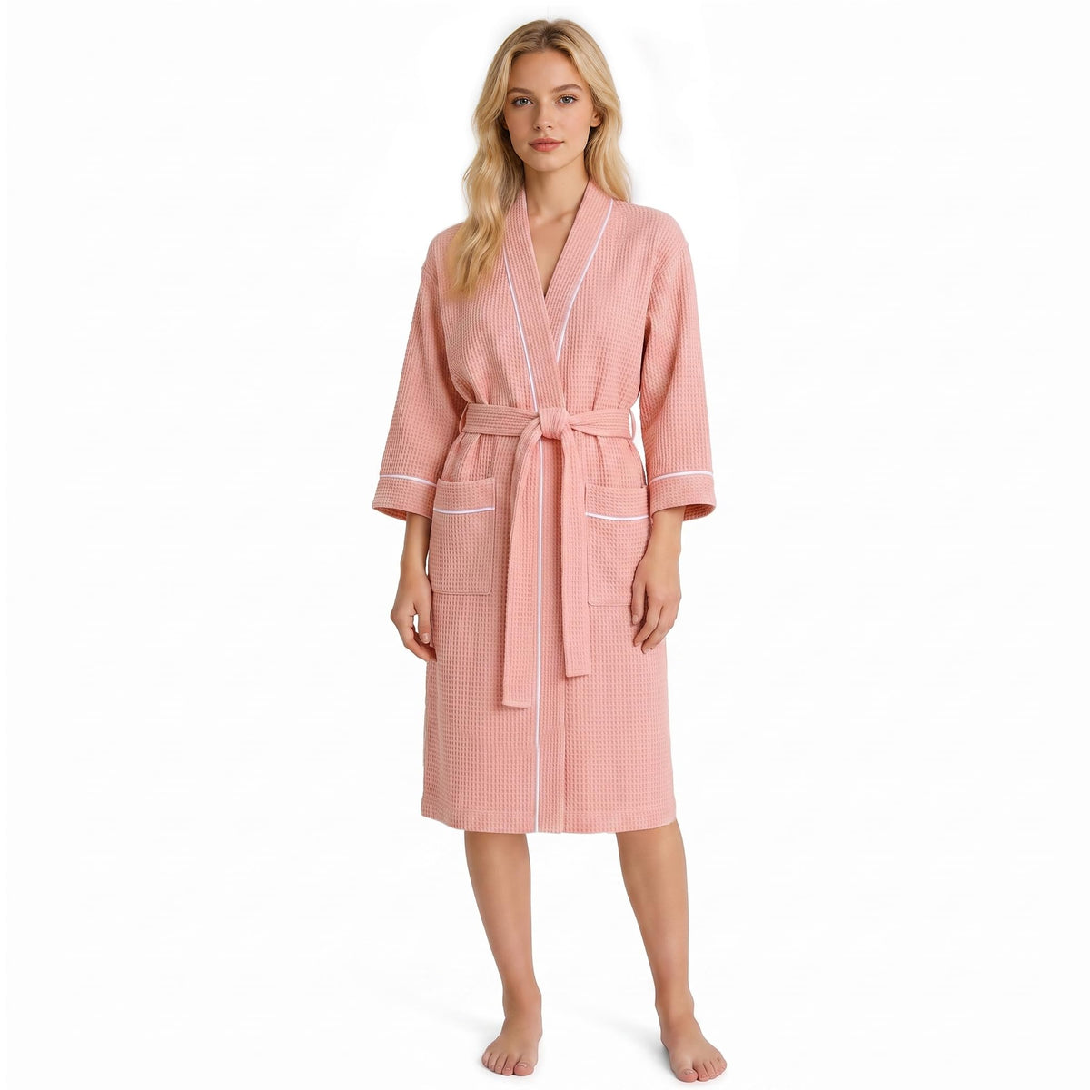 Inner Wish Women's Cotton Waffle Kimono Robe, Lightweight Quick Dry Spa Shower Robe with Pockets