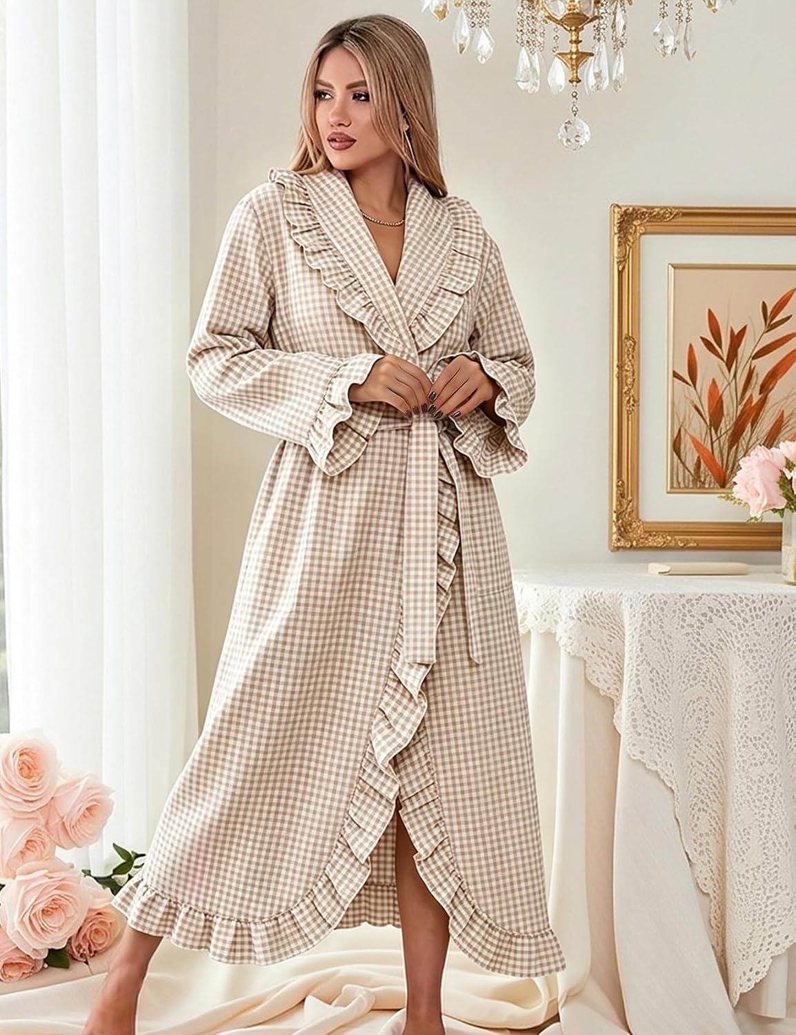 Gihuo Cotton Robes for Women Gingham Long Sleeve Ruffle Trim Bathrobe