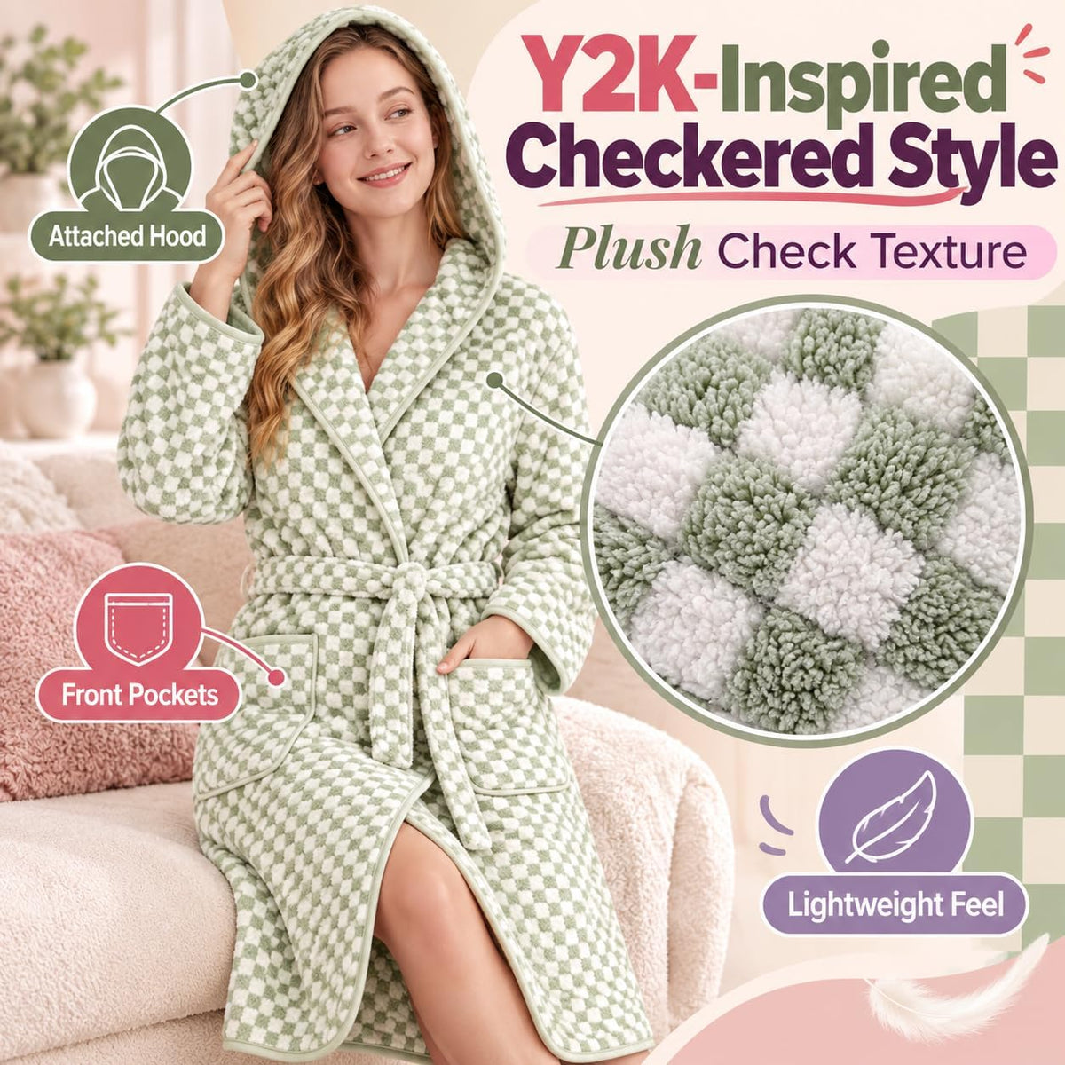 PJGGZ Checkered Hooded Bathrobe for Women, Lightweight Microfiber Towel Material Quick Dry Soft Absorbent Y2K Trendy Robe