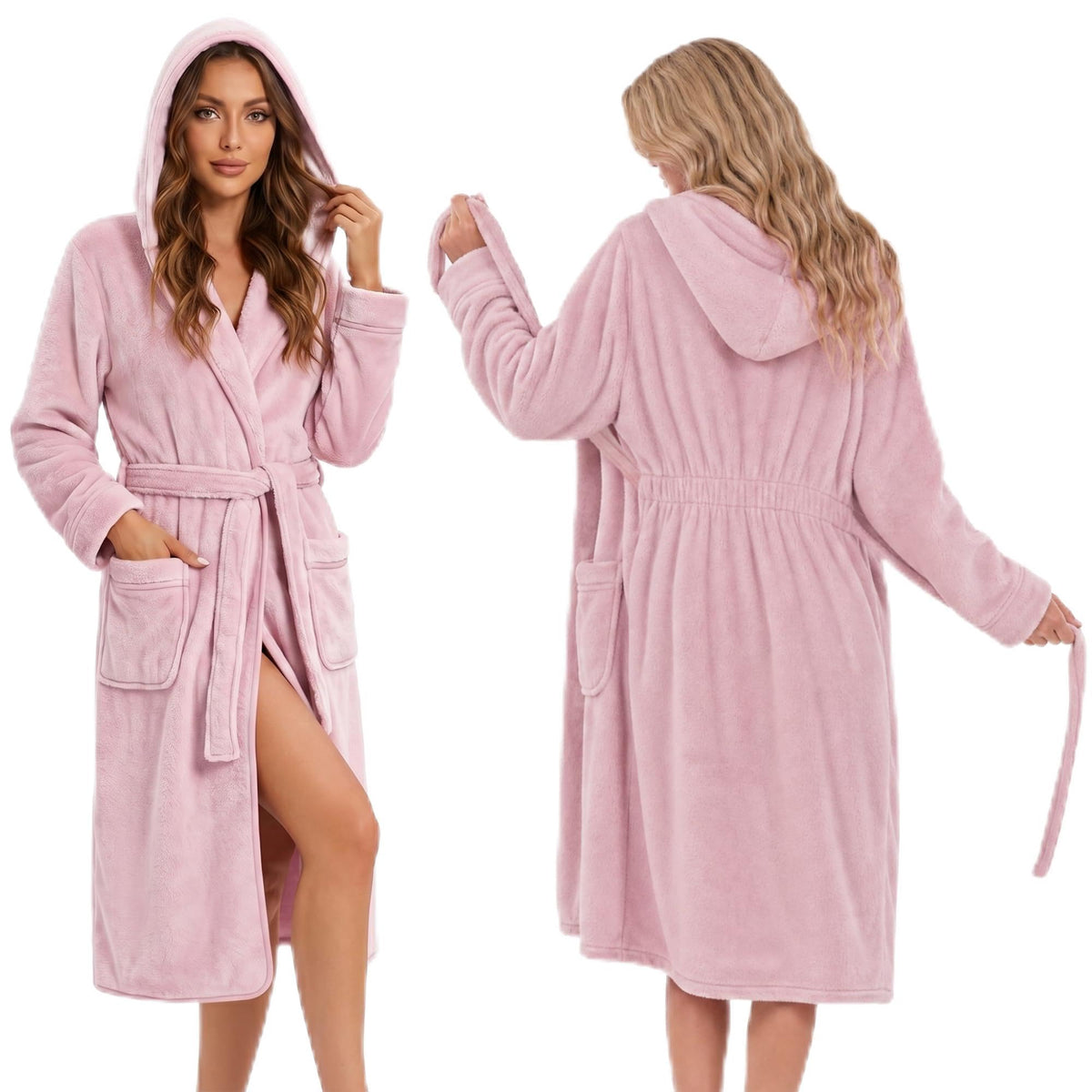 HEARTNICE Womens Hooded Fluffy Robe, Soft Long Bathrobe with Cinched Waist, Cozy Housecoat with Pockets