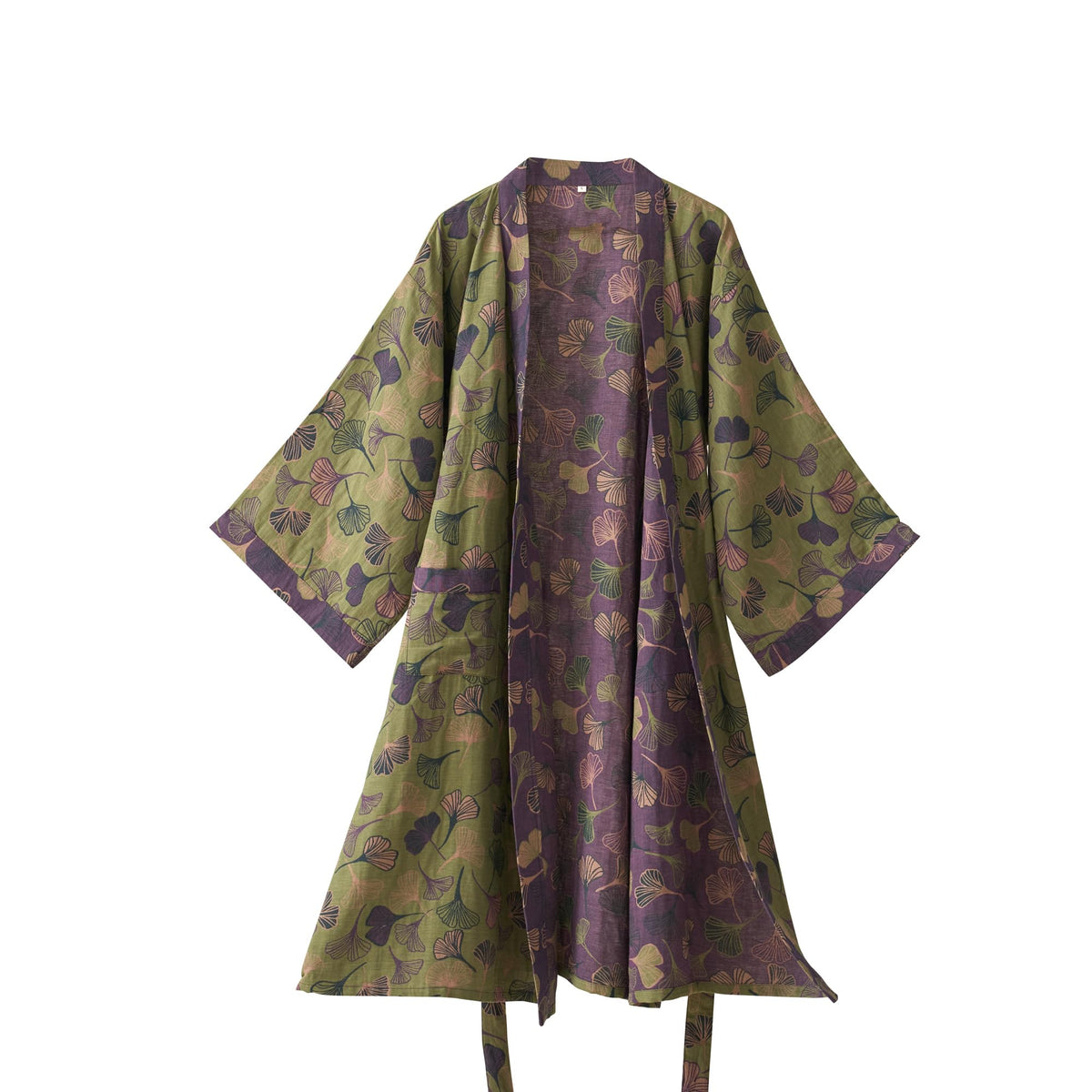 100% Cotton Gauze Ginkgo Leaf Kimono Robe, Long Knit Loose Loungewear Bathrobe Nightgown Ladies Sleepwear for Women