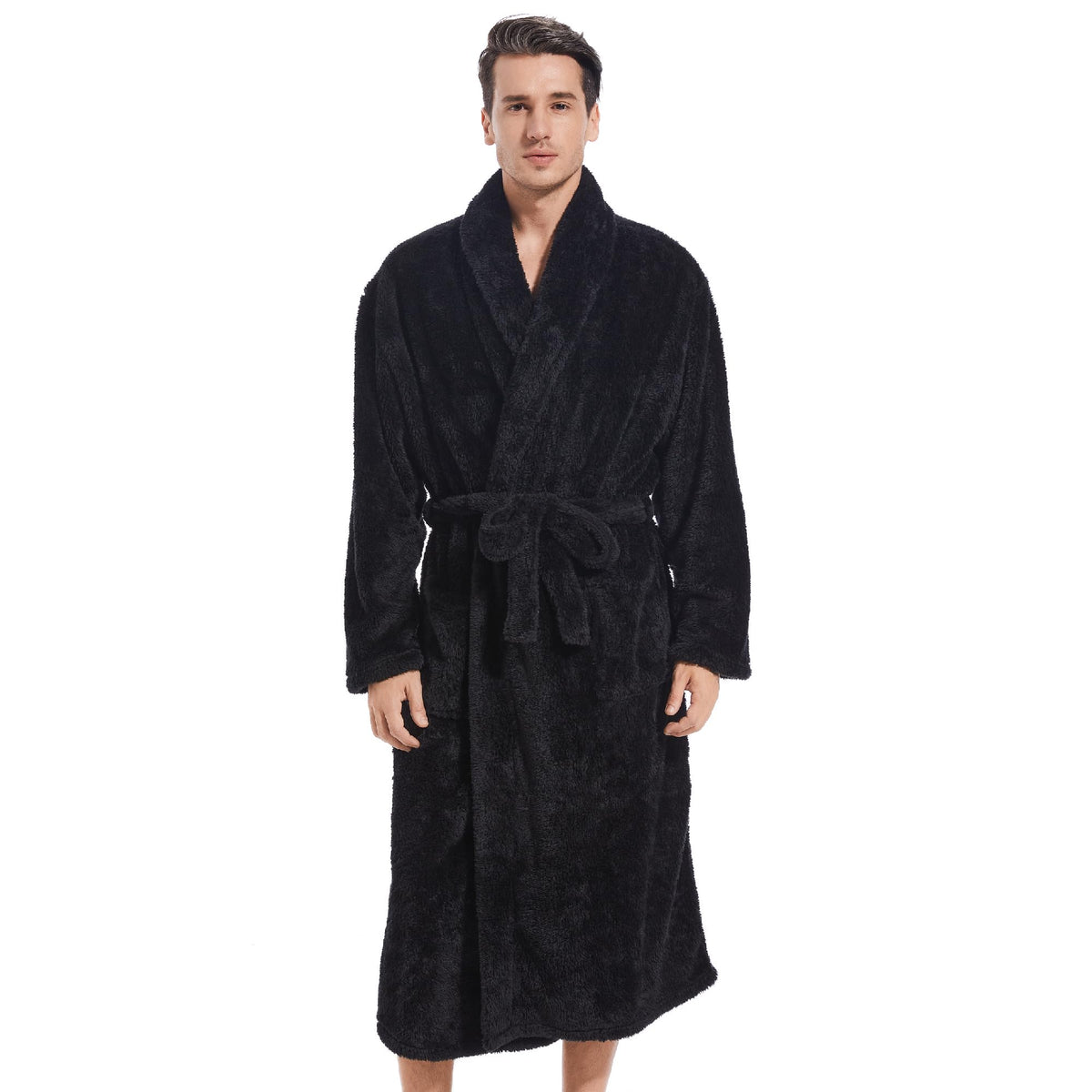 Inner Wish Mens Plush Fleece Robe, Highly Absorbent Cozy Warm Bathrobe Fuzzy Male Spa Long Robe With Pockets