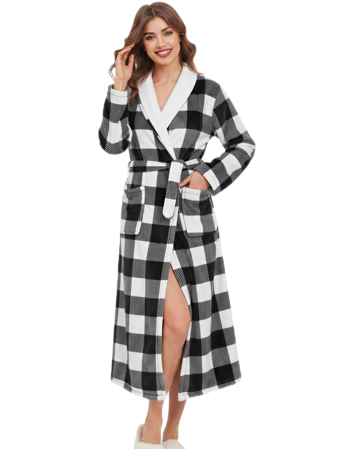 Ekouaer Women's Robe Long Winter Plush Jacquard Bathrobe with Pockets S-XXL