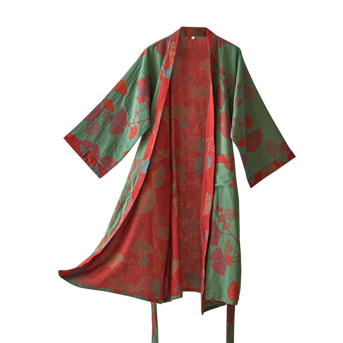 100% Cotton Gauze Ginkgo Leaf Kimono Robe, Long Knit Loose Loungewear Bathrobe Nightgown Ladies Sleepwear for Women
