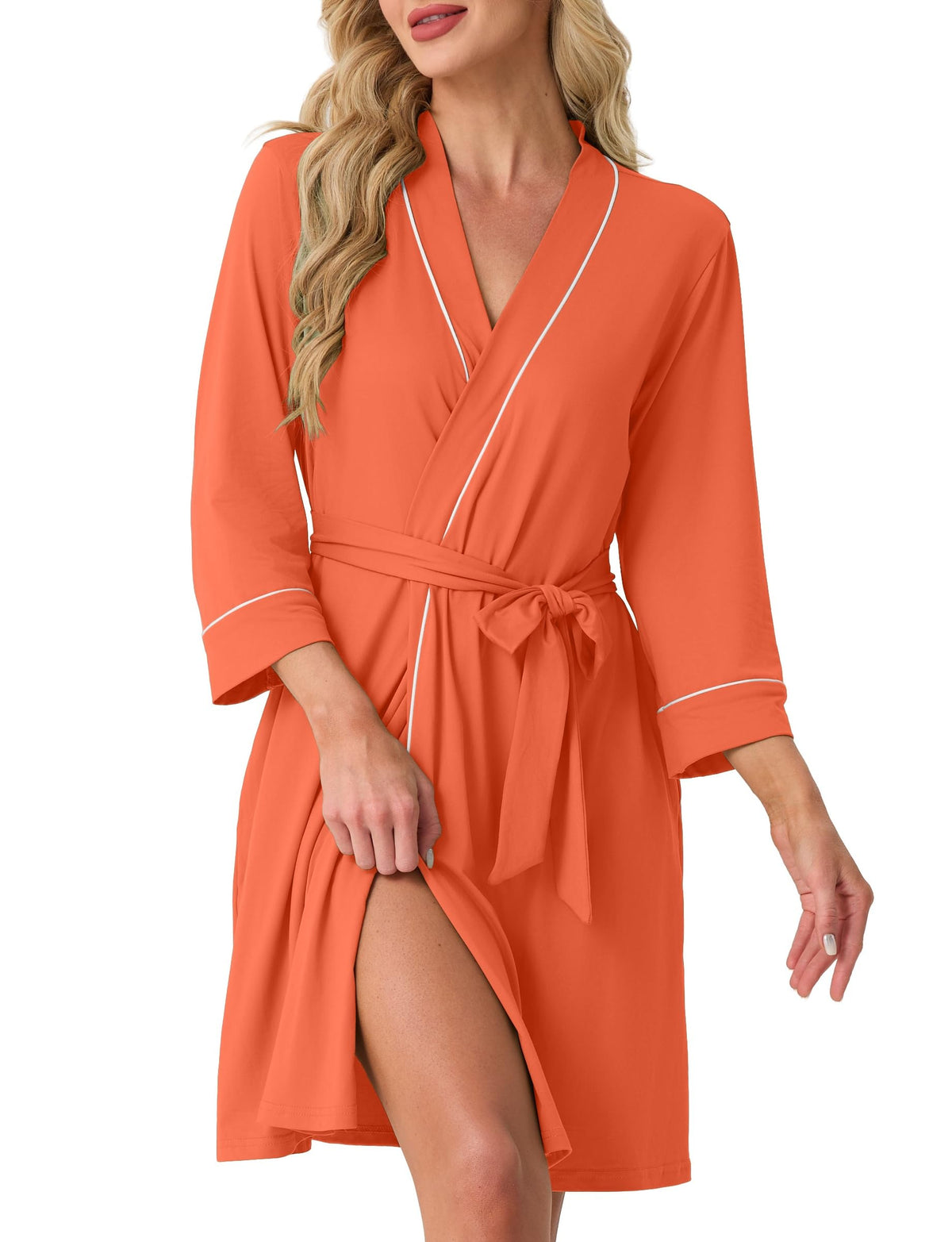 PrinStory Womens Robe Knee Length Soft Knit Bathrobe S-2XL