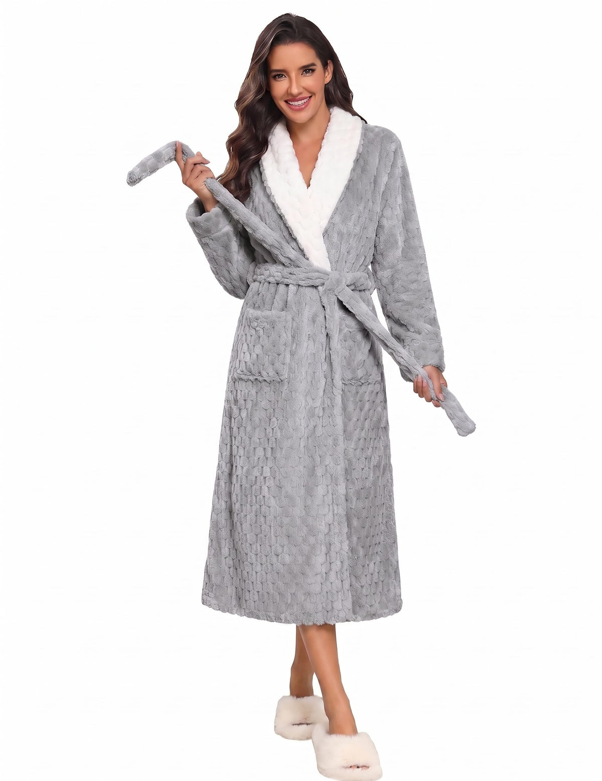 Ekouaer Women's Robe Long Winter Plush Jacquard Bathrobe with Pockets S-XXL