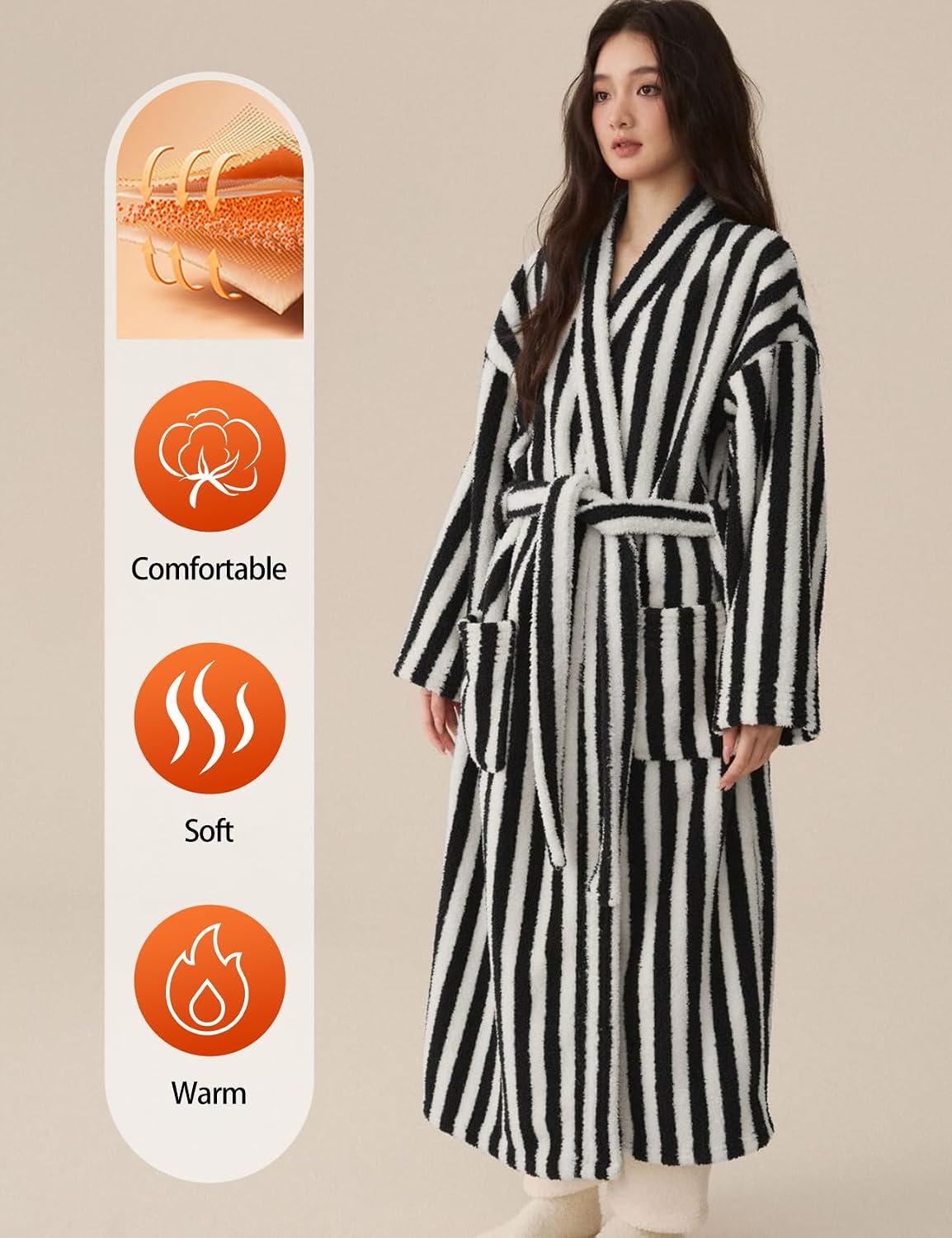Arssm Womens Striped Fluffy Robe Long Plush Fuzzy Warm Bathrobes