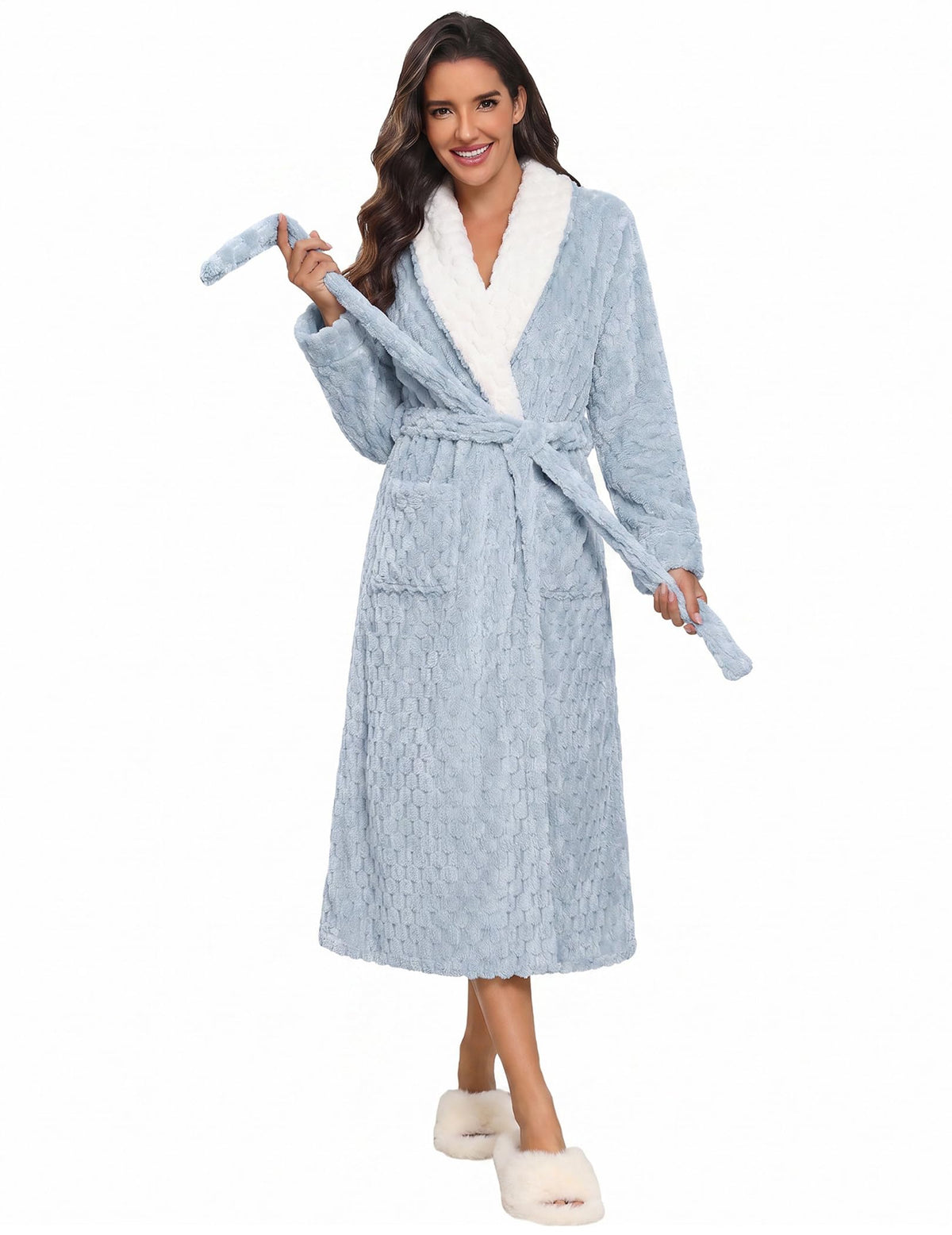 Ekouaer Women's Robe Long Winter Plush Jacquard Bathrobe with Pockets S-XXL