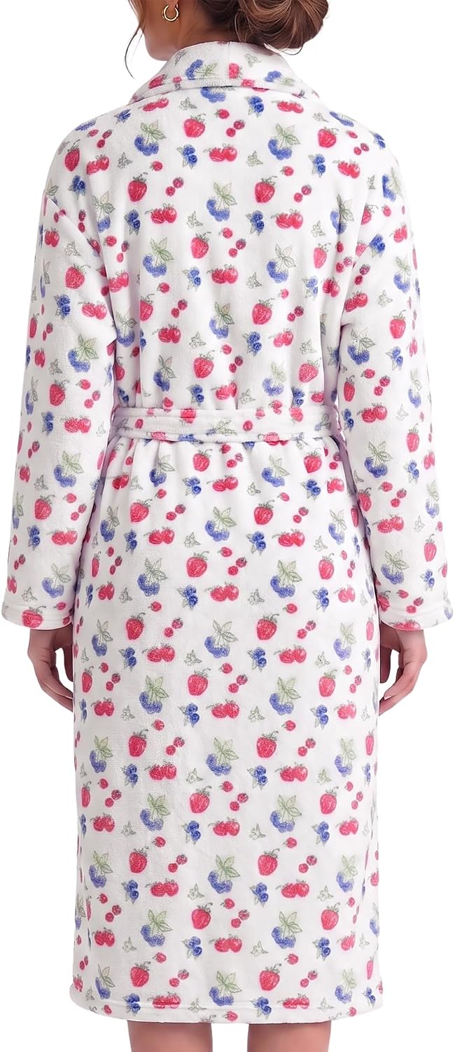 Fleece Robes for Women Cute Soft Printed Bathrobe Lightweight Fall Winter Robe with Belt
