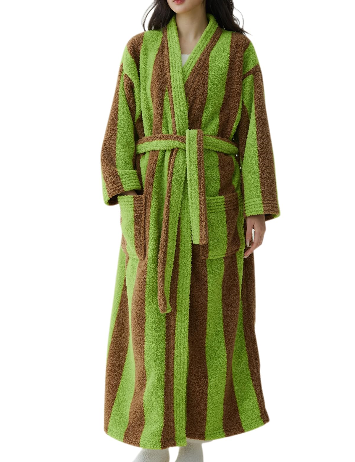 Women's Striped Plush Robe Long Soft Fluffy Bathrobe