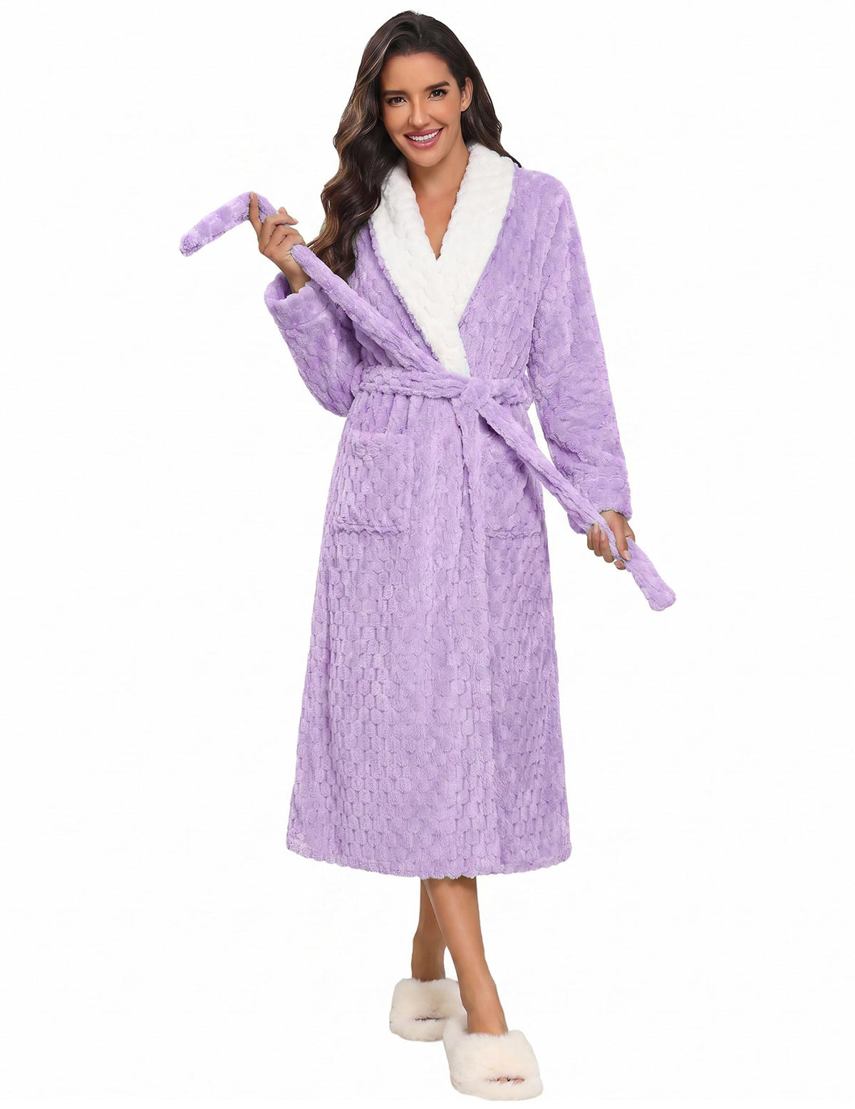 Ekouaer Women's Robe Long Winter Plush Jacquard Bathrobe with Pockets S-XXL