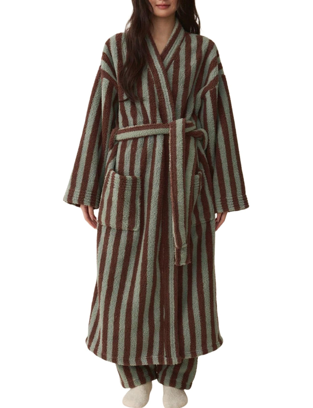 Arssm Womens Striped Fluffy Robe Long Plush Fuzzy Warm Bathrobes