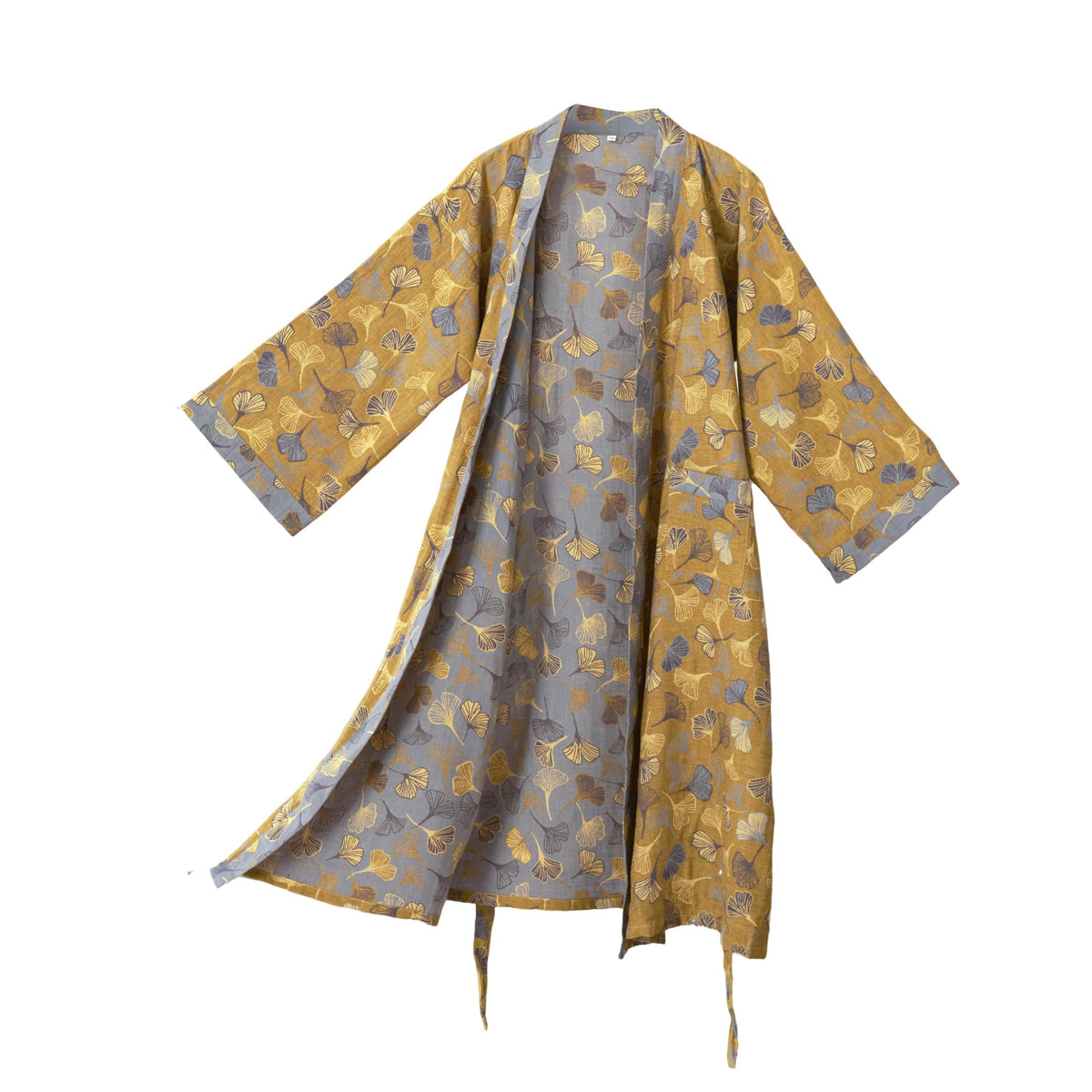 100% Cotton Gauze Ginkgo Leaf Kimono Robe, Long Knit Loose Loungewear Bathrobe Nightgown Ladies Sleepwear for Women