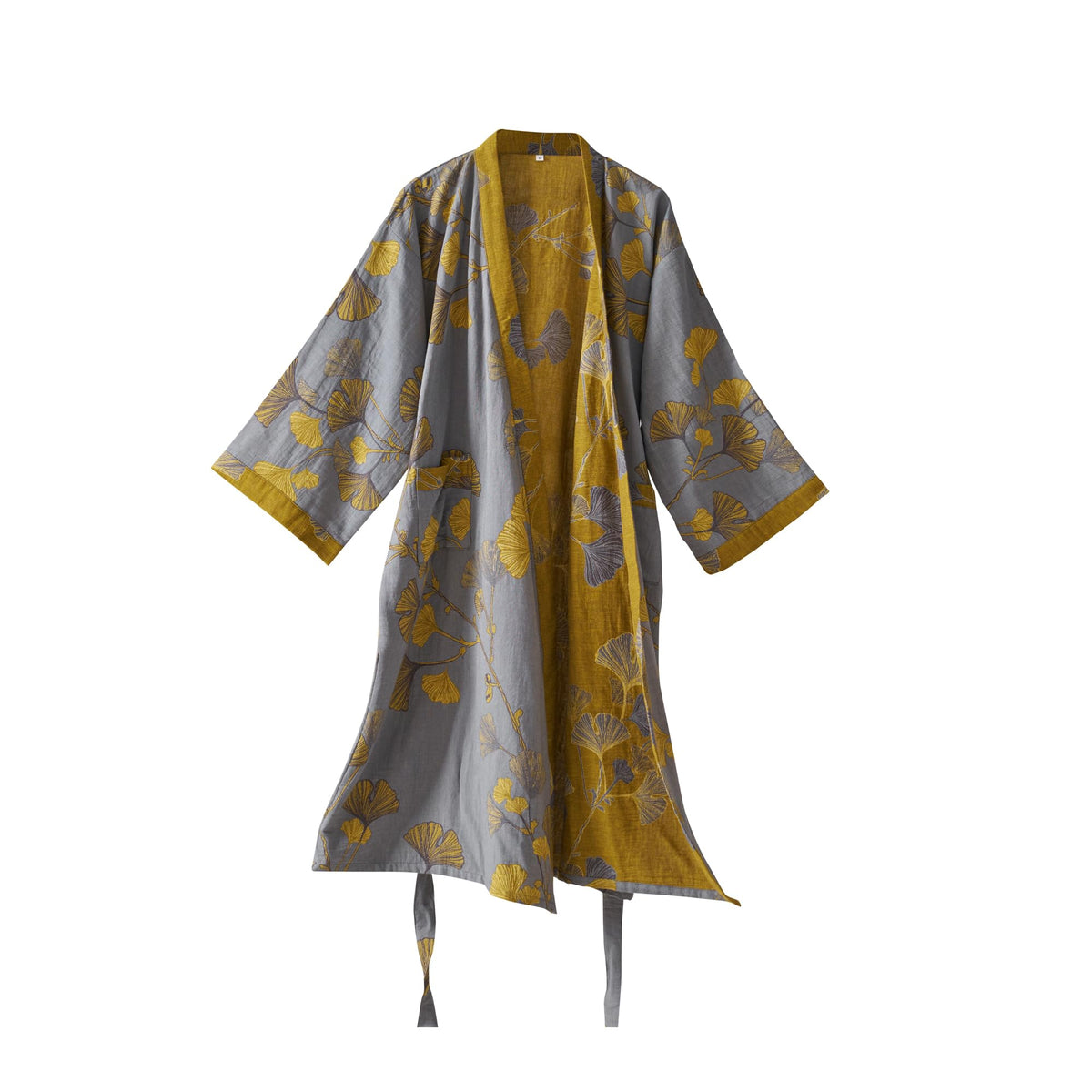 100% Cotton Gauze Ginkgo Leaf Kimono Robe, Long Knit Loose Loungewear Bathrobe Nightgown Ladies Sleepwear for Women