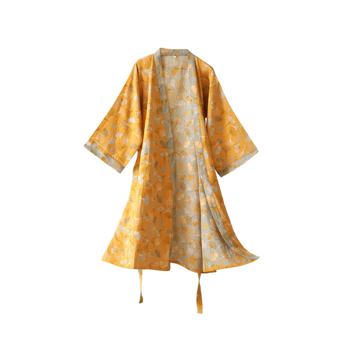 100% Cotton Gauze Ginkgo Leaf Kimono Robe, Long Knit Loose Loungewear Bathrobe Nightgown Ladies Sleepwear for Women