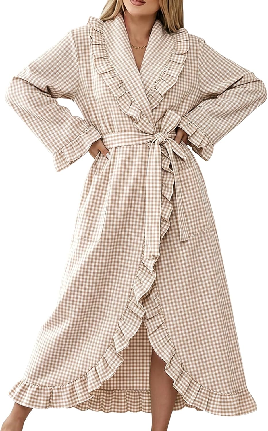 Gihuo Cotton Robes for Women Gingham Long Sleeve Ruffle Trim Bathrobe