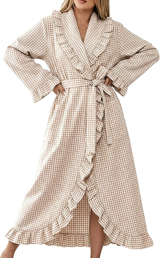 Gihuo Cotton Robes for Women Gingham Long Sleeve Ruffle Trim Bathrobe