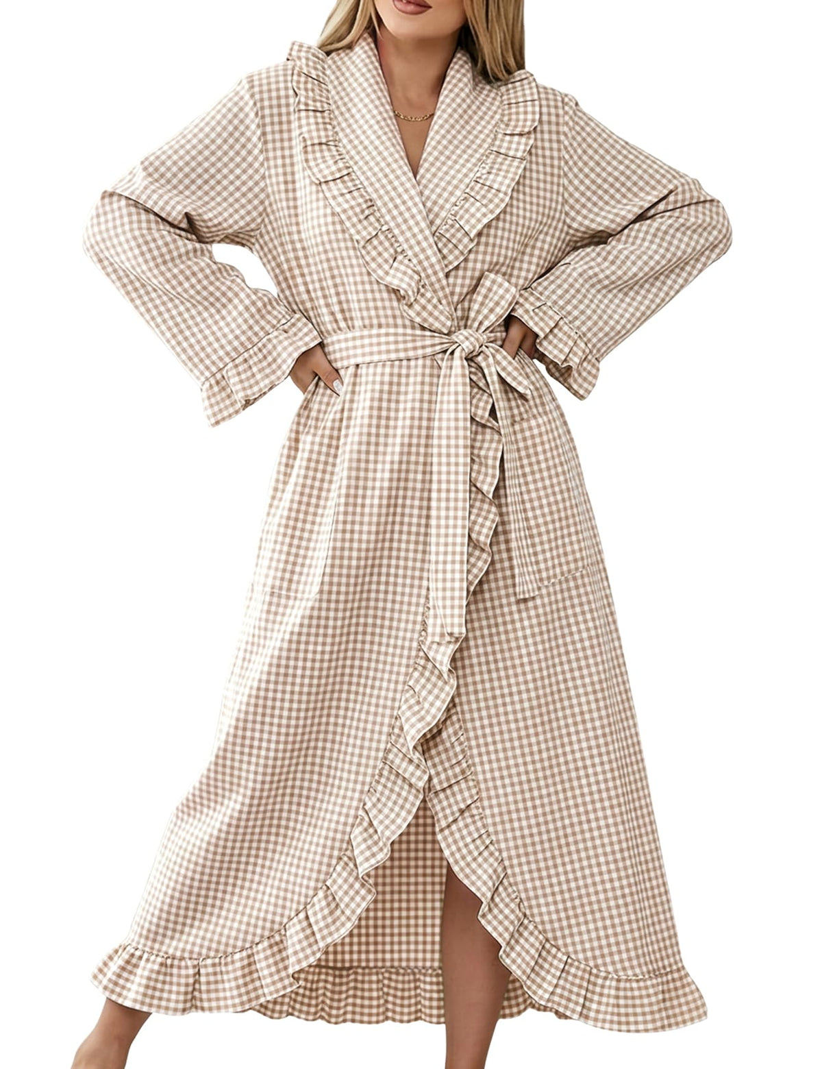 Gihuo Cotton Robes for Women Gingham Long Sleeve Ruffle Trim Bathrobe