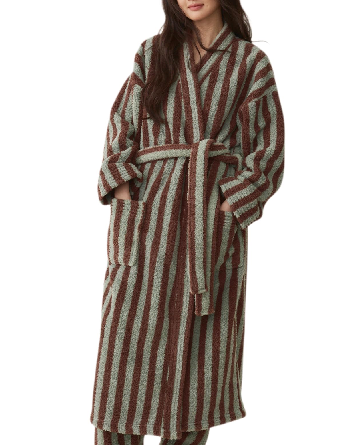 Women's Striped Plush Robe Long Soft Fluffy Bathrobe