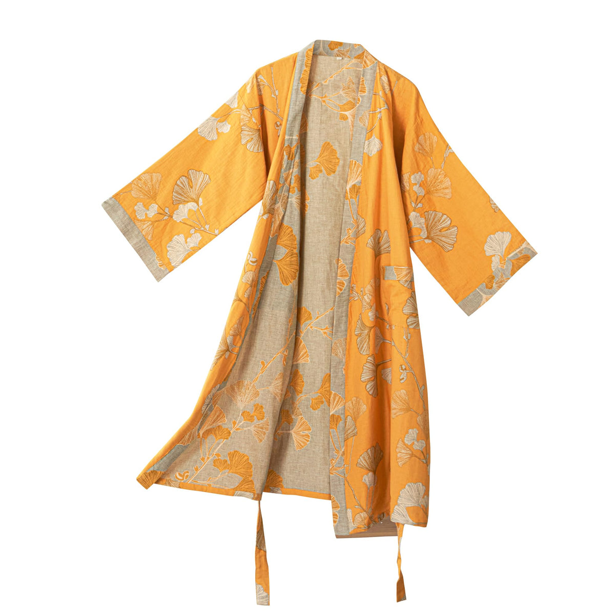 100% Cotton Gauze Ginkgo Leaf Kimono Robe, Long Knit Loose Loungewear Bathrobe Nightgown Ladies Sleepwear for Women