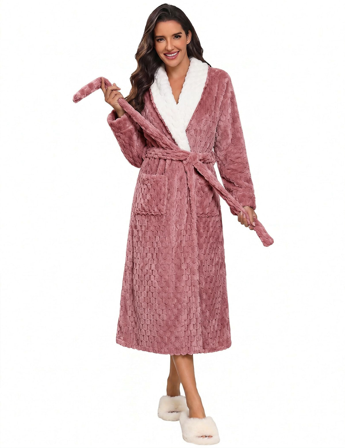 Ekouaer Women's Robe Long Winter Plush Jacquard Bathrobe with Pockets S-XXL