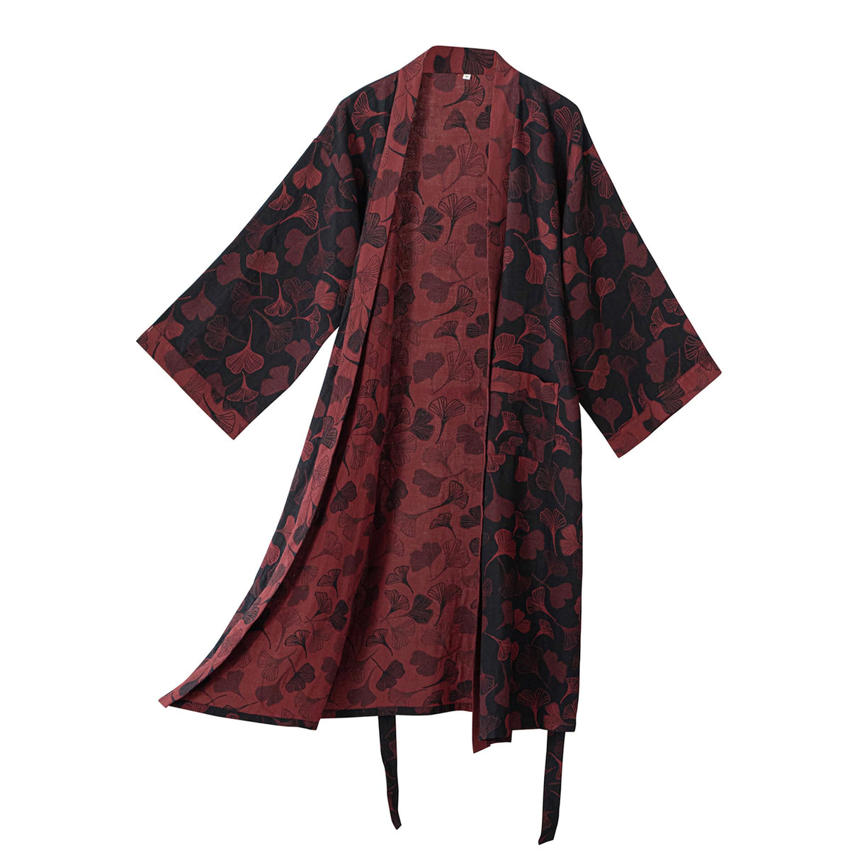 100% Cotton Gauze Ginkgo Leaf Kimono Robe, Long Knit Loose Loungewear Bathrobe Nightgown Ladies Sleepwear for Women