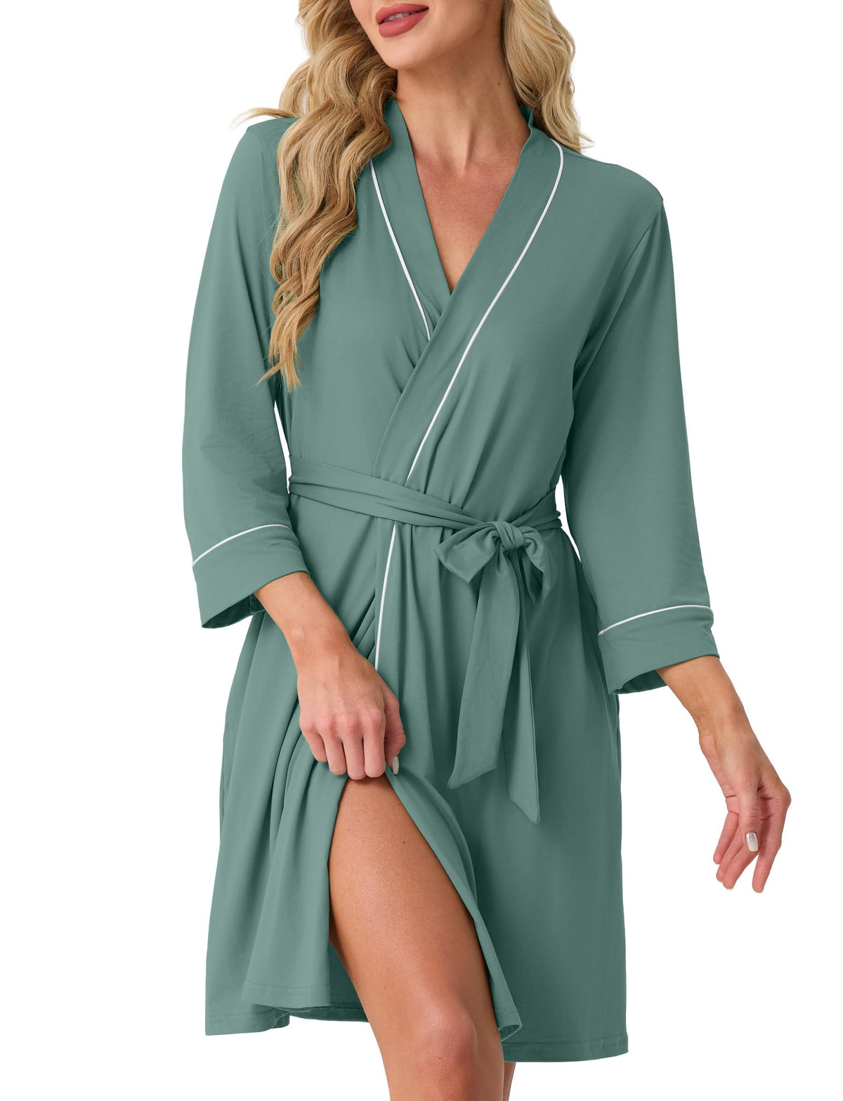 PrinStory Womens Robe Knee Length Soft Knit Bathrobe S-2XL