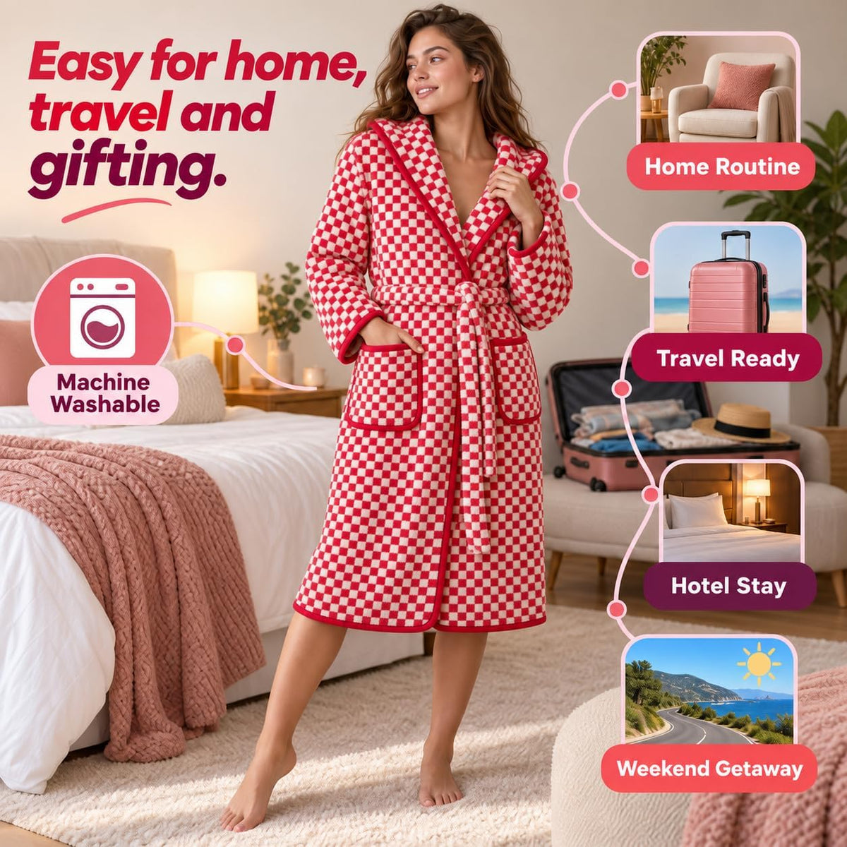 PJGGZ Checkered Hooded Bathrobe for Women, Lightweight Microfiber Towel Material Quick Dry Soft Absorbent Y2K Trendy Robe